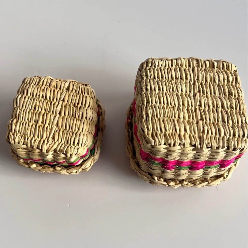 Vintage Miniature Woven Straw Trinket Baskets Set of 2 Boho Folk Art Boxes
